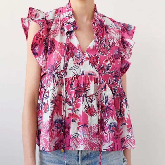 CHUFY My Aussie Days Ellis Nulla Pink Floral Silk Blend Ruffle Sleeve Top SZ XS - Picture 1 of 9